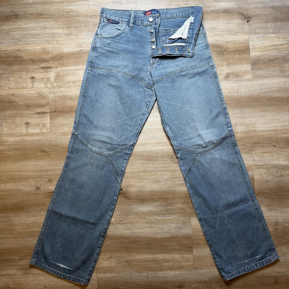 Diesel Jeans Men 31x34 Blue Loose Straight Baggy Double Knee Dirty Wash Work Y2K